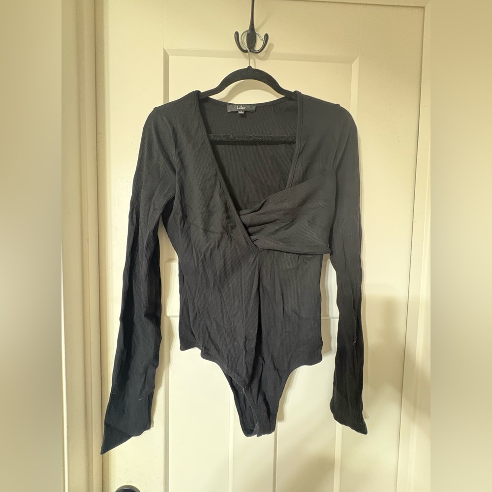 Lulus Black Long-Sleeve Wrap Bodysuit